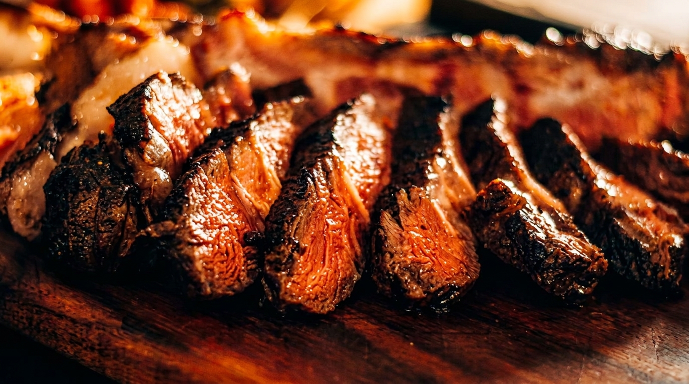 Close-up of perfectly cooked, sliced steak with a charred crust and juicy red interior on a wooden board.