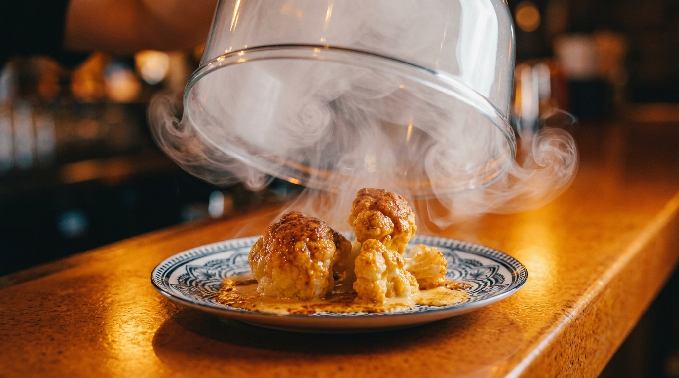 Smoked cauliflower florets with sauce on a decorative plate, steam rising from under a glass cloche.