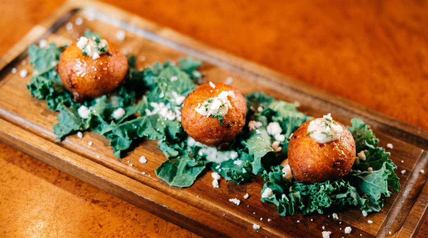 Three golden-brown fried balls topped with white cheese and herbs, served on a bed of kale.