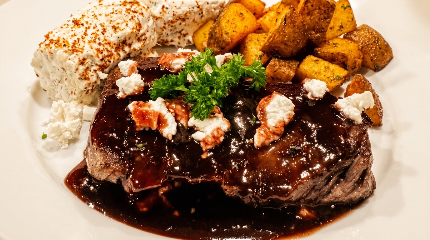 Steak with dark sauce, topped with cheese and parsley, served with roasted potatoes and corn.