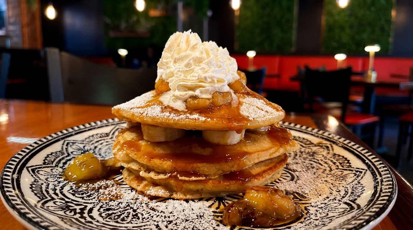Stack of pancakes with bananas, syrup, powdered sugar, and whipped cream on a decorative plate.
