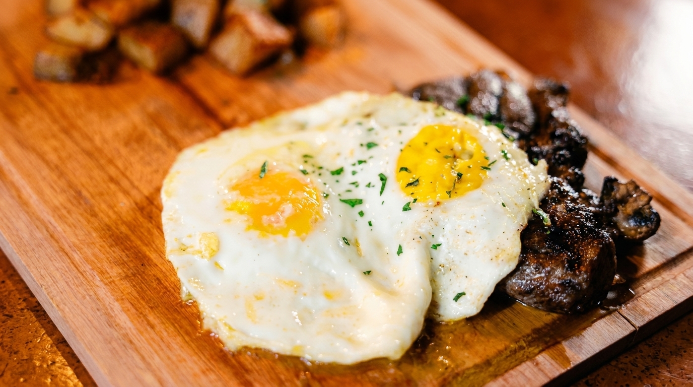 Two fried eggs with parsley, steak, and roasted potatoes on a wooden board.