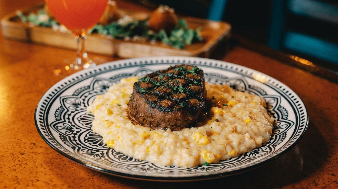 Grilled steak with herbs on a bed of creamy corn risotto, with a drink and appetizer in the background.