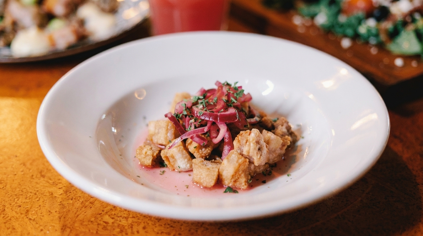 Crispy fried pork belly pieces topped with pickled red onions and herbs in a white bowl.