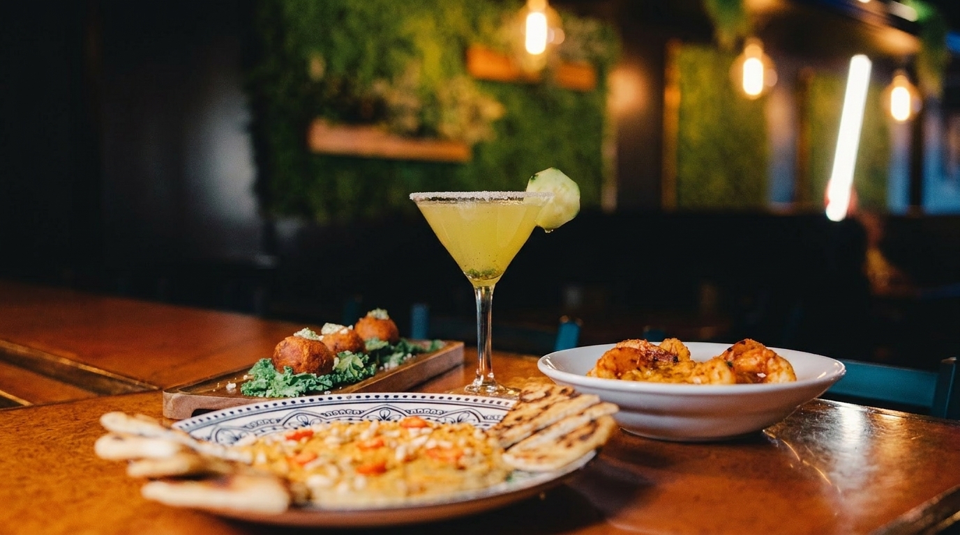 A vibrant green cocktail with a cucumber slice, flatbread, and appetizers on a wooden table.