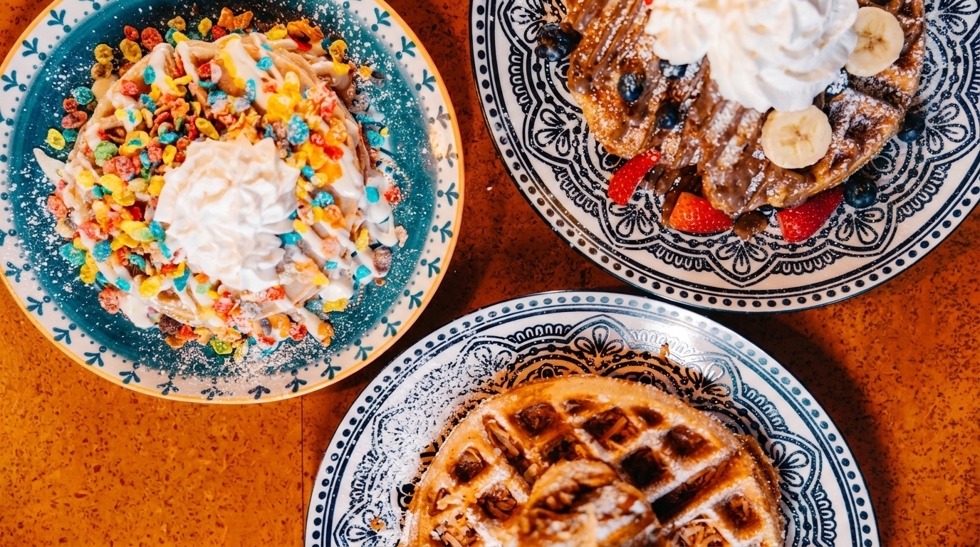 Three colorful waffles on decorative plates, topped with fruit, cereal, whipped cream, and powdered sugar.