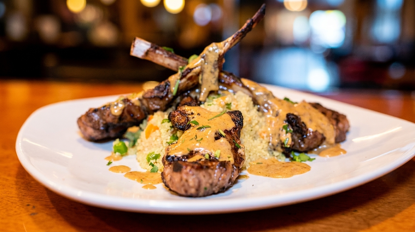 Grilled lamb chops with sauce and couscous on a white plate.