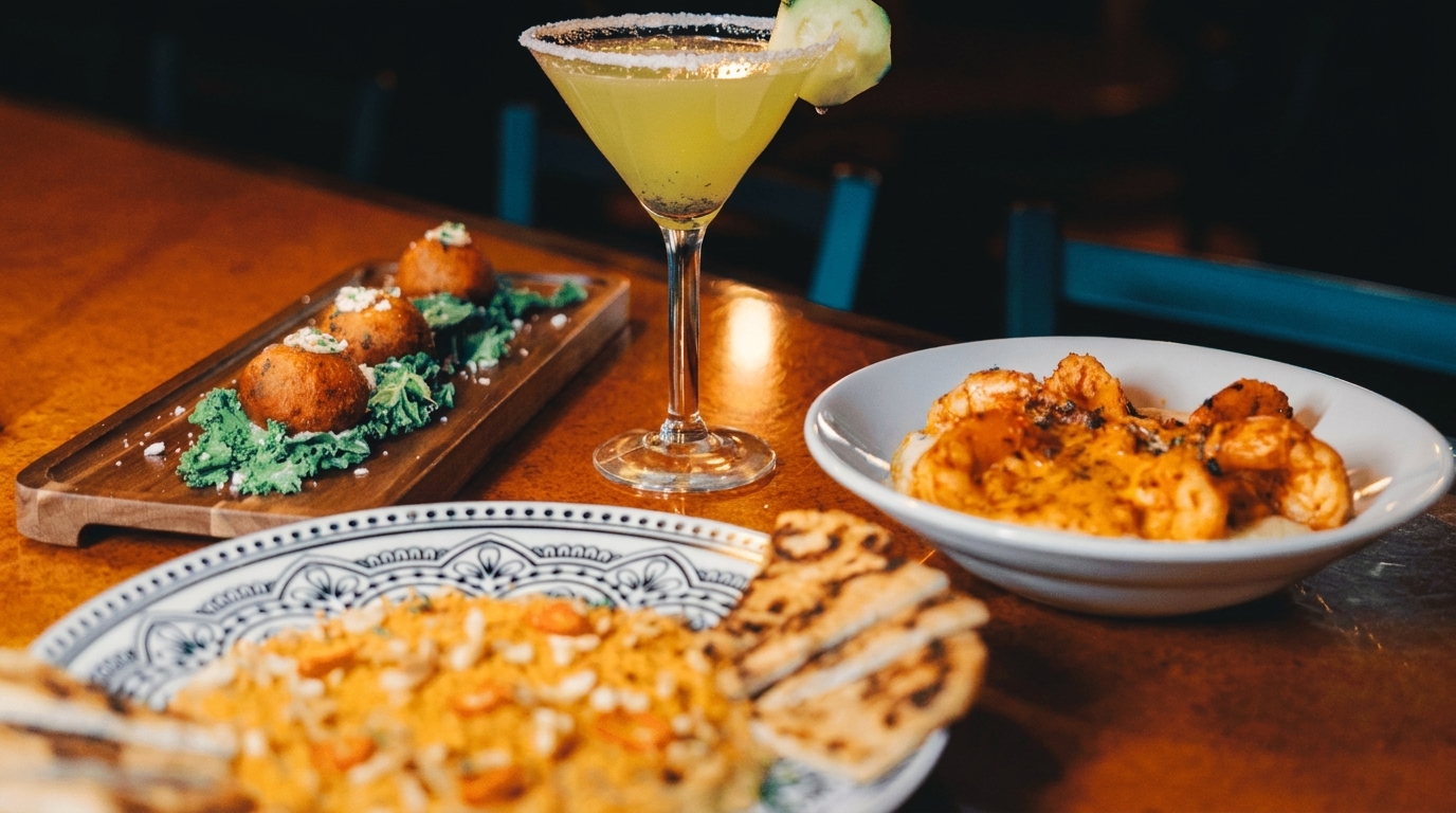 A table spread with a cocktail, fried appetizers, shrimp and grits, and a rice dish.