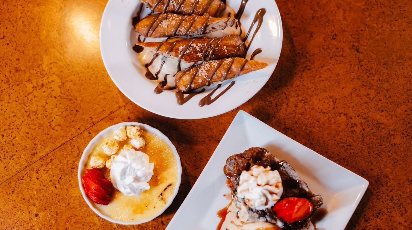 Three dessert plates on a textured orange table: churros, creme brulee, and a waffle with ice cream.