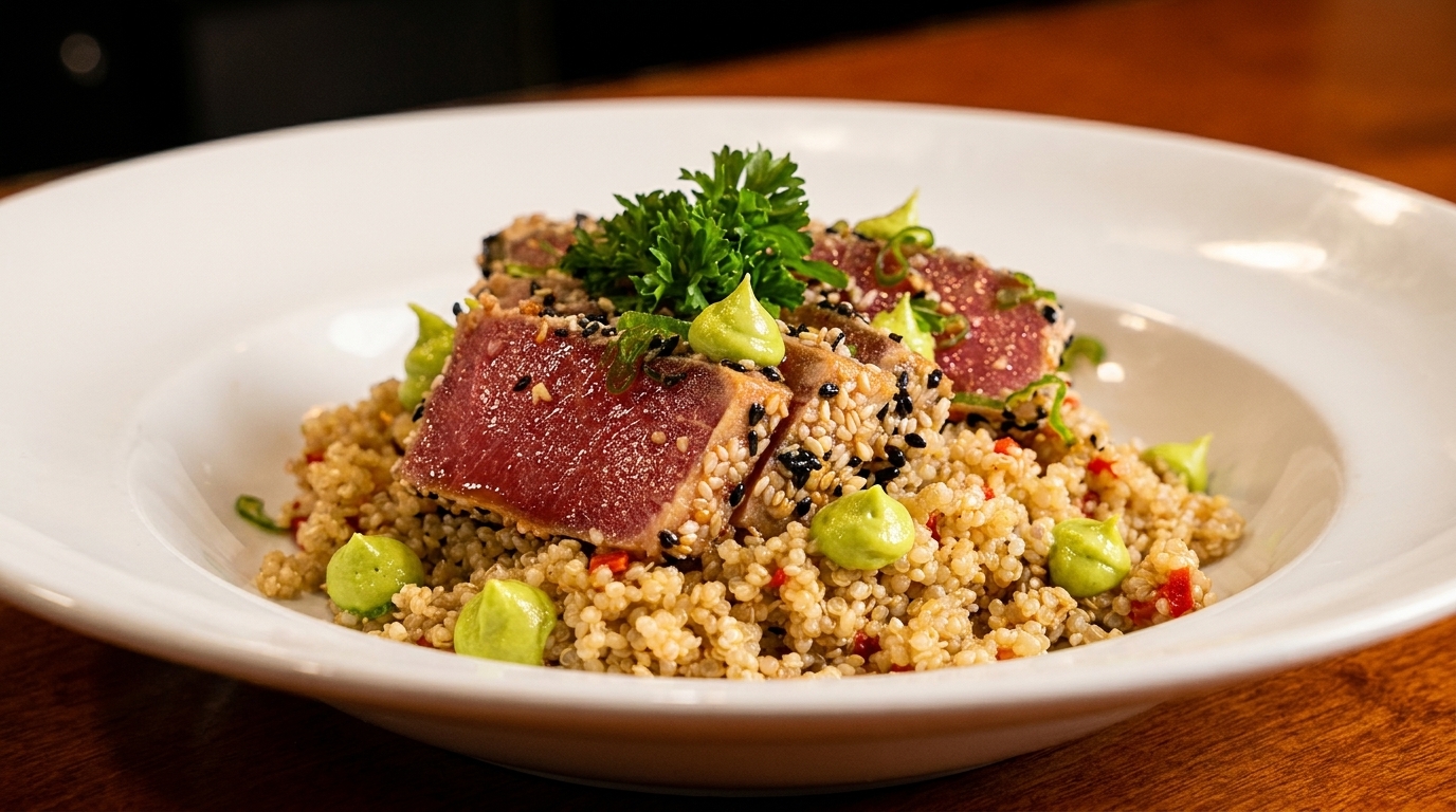 Seared tuna with sesame seeds, quinoa, parsley, and green sauce in a white bowl.