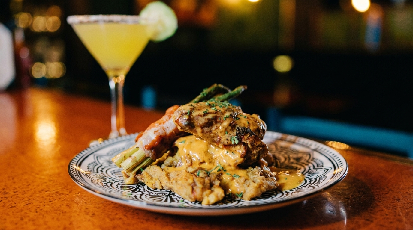 A plate of fried chicken and asparagus with sauce, next to a margarita on a bar.