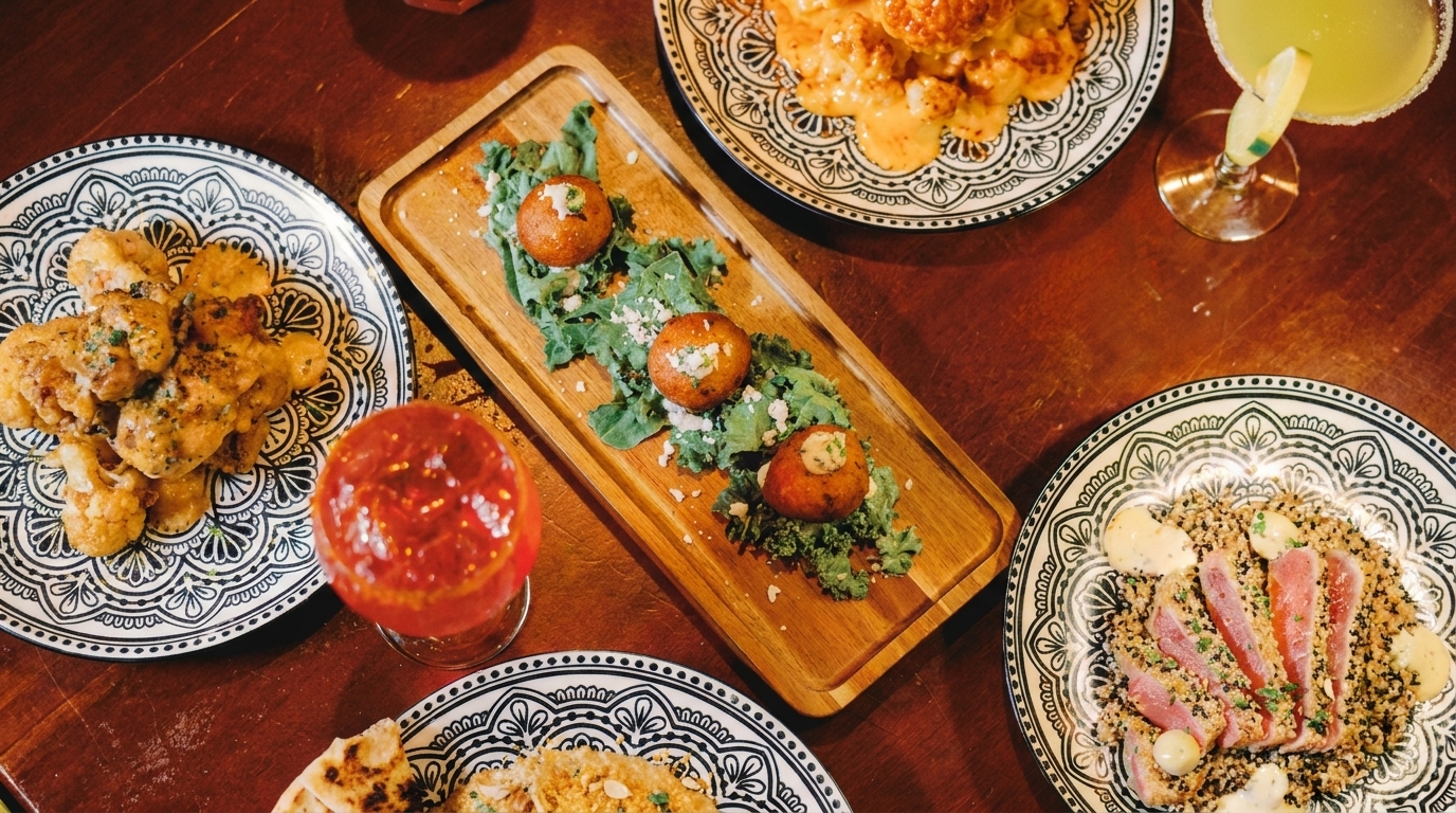 Overhead view of a table laden with various dishes, including fried cauliflower, tuna, and cocktails.