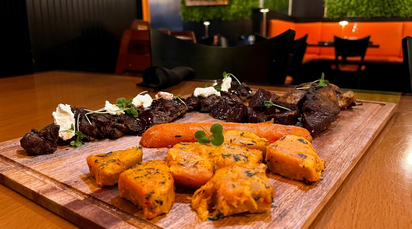 A wooden board with steak, roasted carrots, sweet potatoes, and beets, in a restaurant setting.
