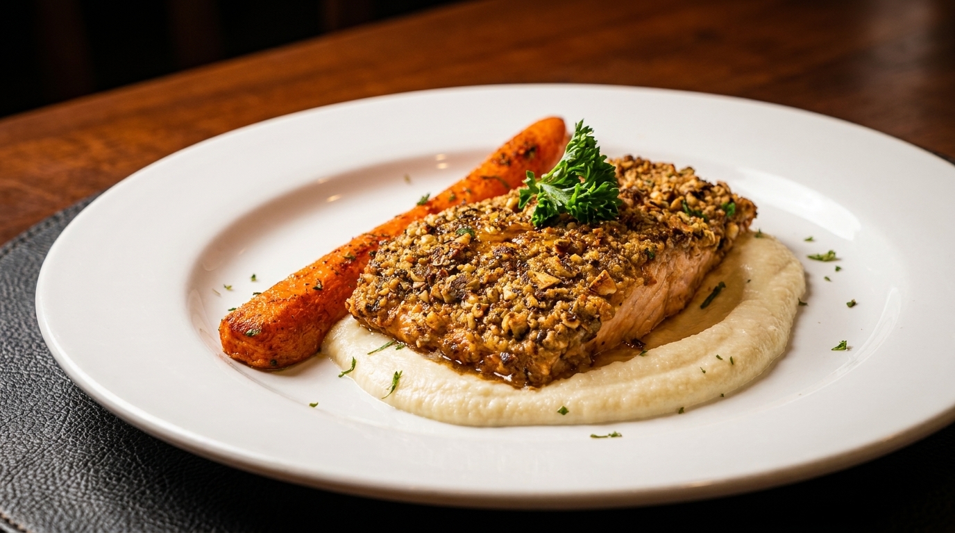 Nut-crusted salmon fillet with a side of roasted carrot and creamy white puree on a white plate.
