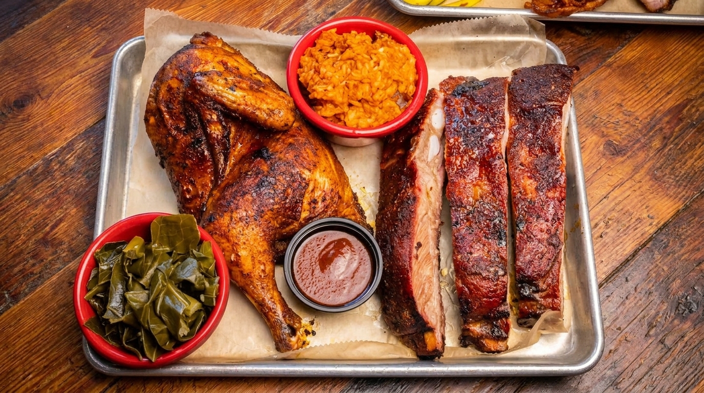 A metal tray with a whole roasted chicken, ribs, collard greens, rice, and barbecue sauce.