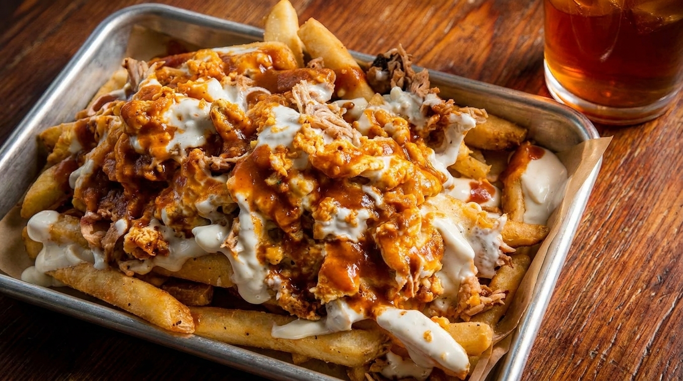 Loaded fries with pulled pork, cheese sauce, and barbecue sauce in a metal tray.