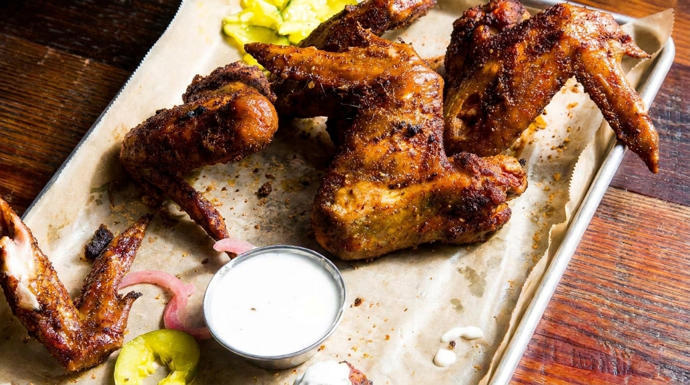 Crispy, seasoned chicken wings with dipping sauce, pickled onions, and jalapeños on a tray.