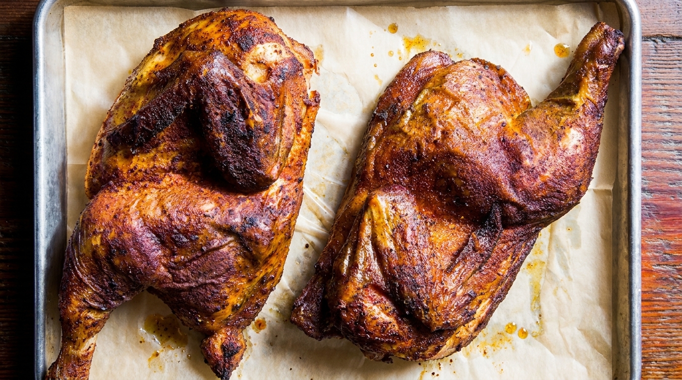 Two whole roasted chickens, golden brown and seasoned, resting on parchment paper in a metal tray.