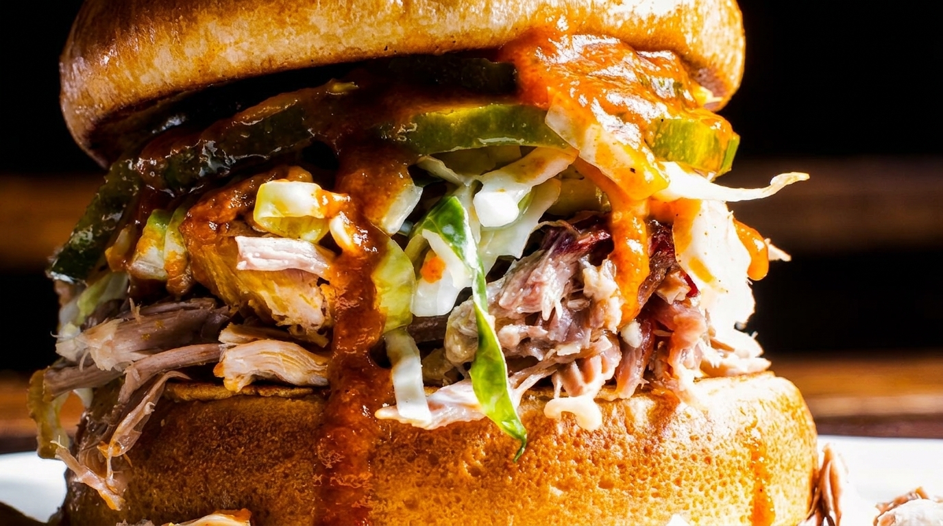 Close-up of a pulled pork sandwich with coleslaw, pickles, and barbecue sauce on a brioche bun.