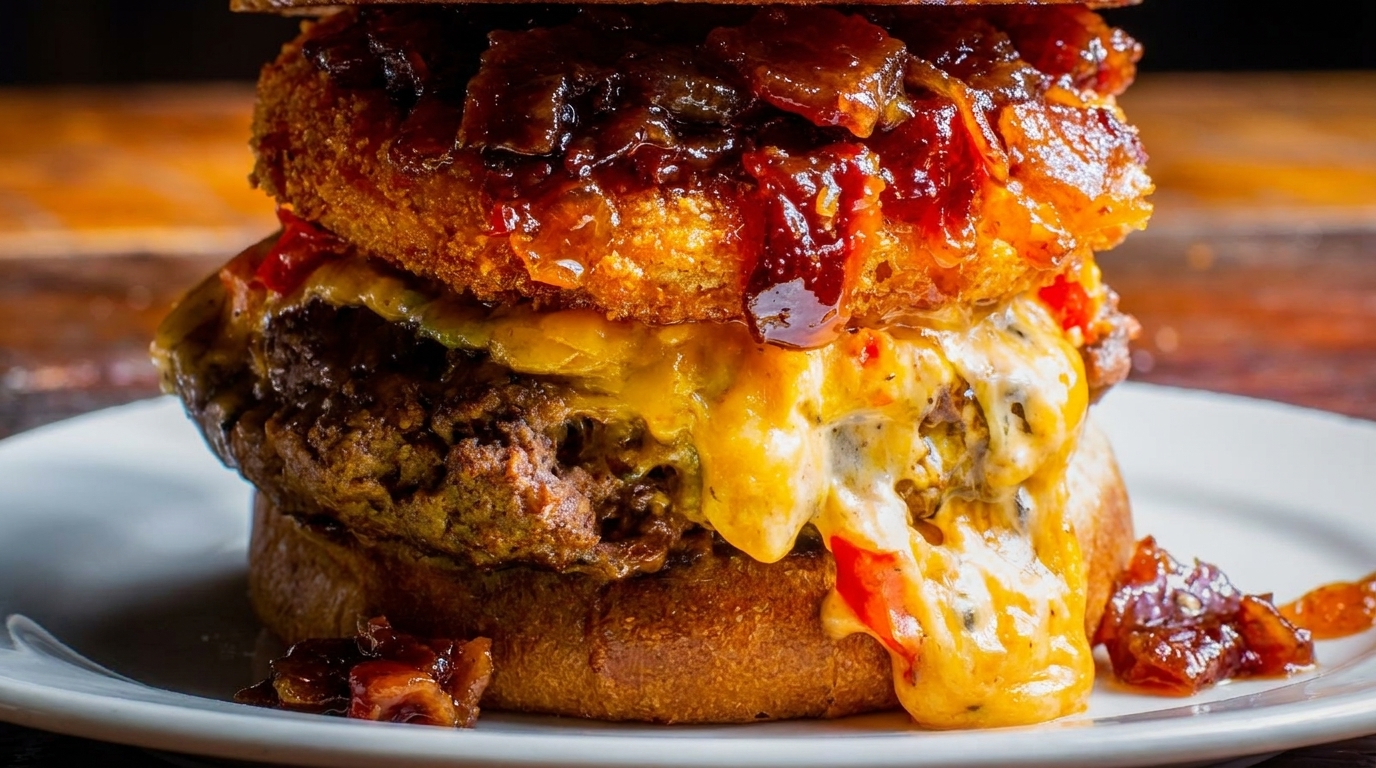 Close-up of a gourmet burger with melted cheese, crispy onion rings, and caramelized onions.