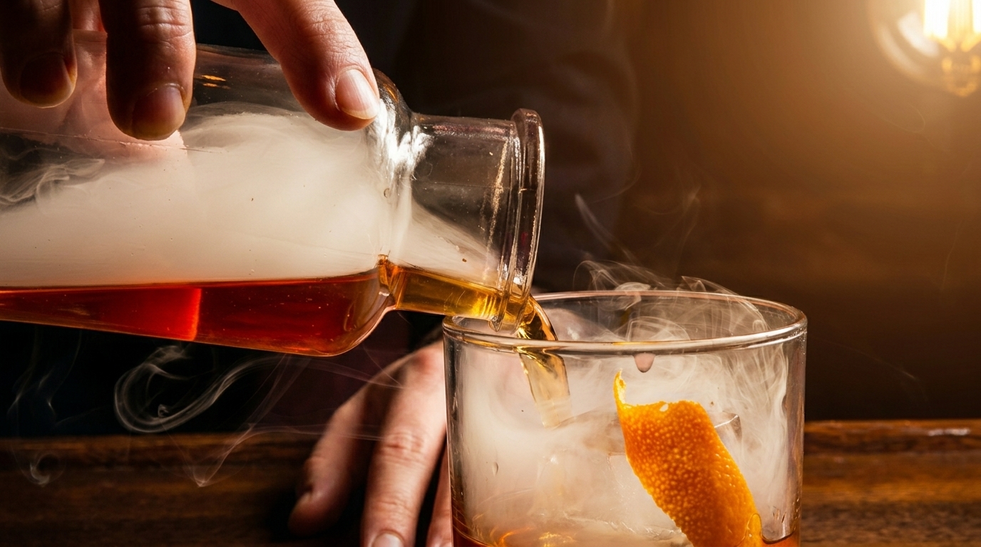 A bartender pours a smoky amber cocktail from a decanter into a glass with ice and orange peel.