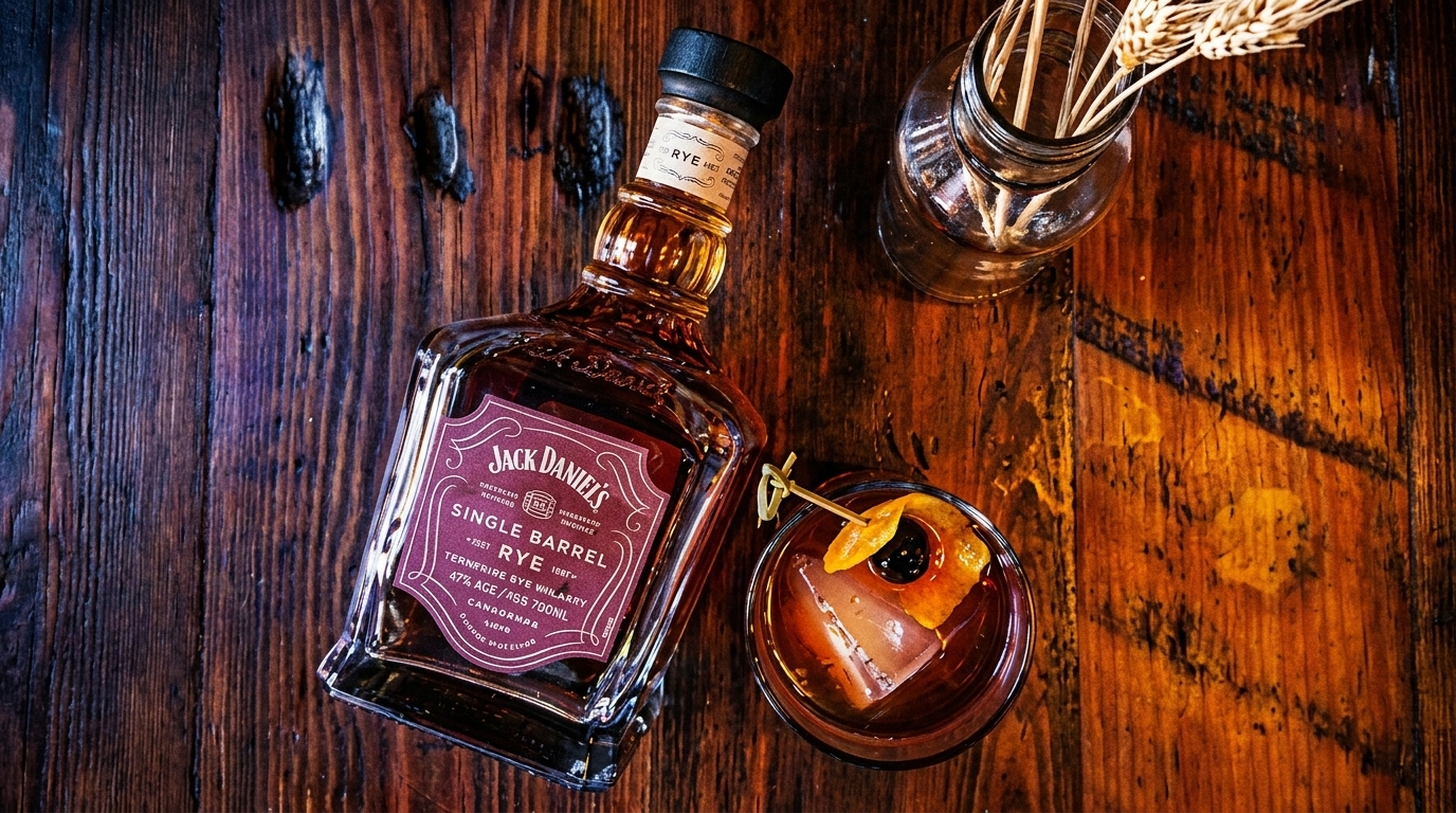 Jack Daniel's Single Barrel Rye bottle next to a cocktail with an orange peel on a wooden table.