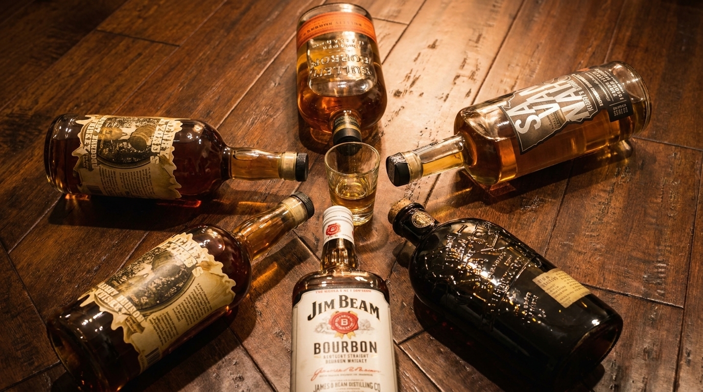 Various bourbon bottles, including Jim Beam, and a shot glass arranged on a wooden floor.