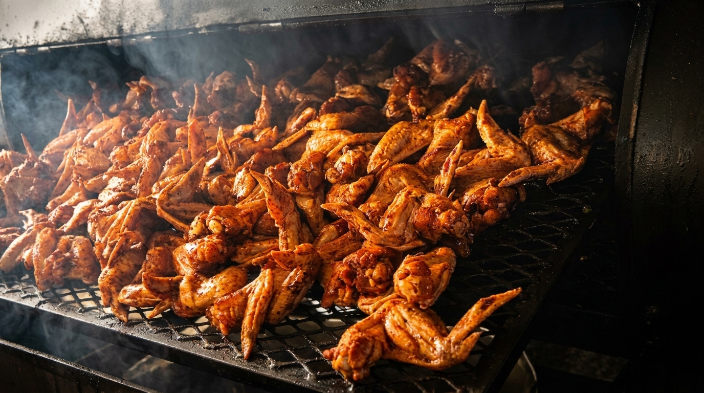 Smoked chicken wings cooking on a grill with visible smoke rising from the food.