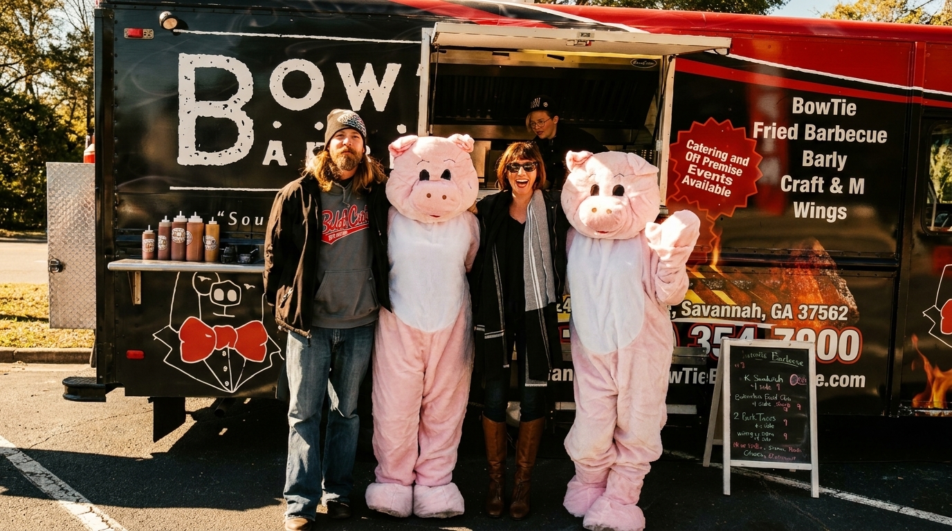 Two people and two pig mascots stand in front of the BowTie Barbecue food truck.