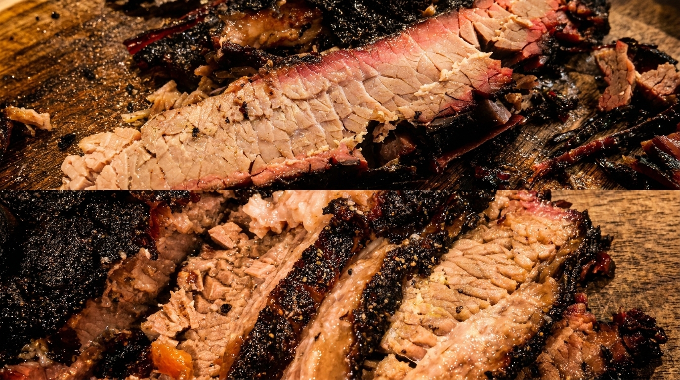 Close-up of sliced smoked brisket with a dark, crispy bark and pink smoke ring on a wooden board.