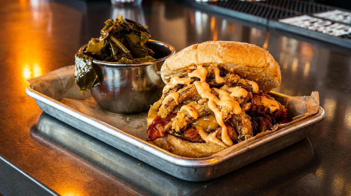 A fried chicken sandwich with sauce and a side of collard greens on a metal tray.