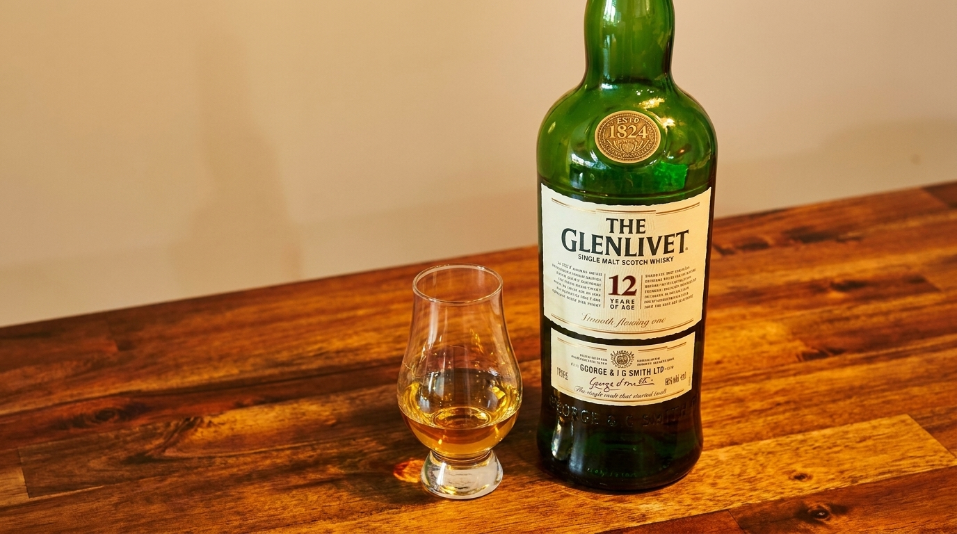 A bottle of The Glenlivet 12-year-old single malt scotch whisky next to a glass of whisky.