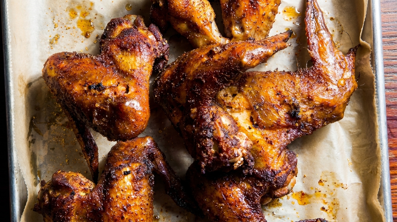 Crispy, golden-brown chicken wings with visible seasoning and glistening fat on parchment paper.