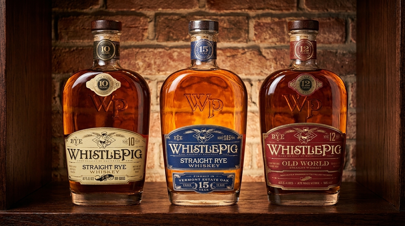 Three bottles of WhistlePig Rye Whiskey, 10, 15, and 12-year, displayed on a wooden shelf.