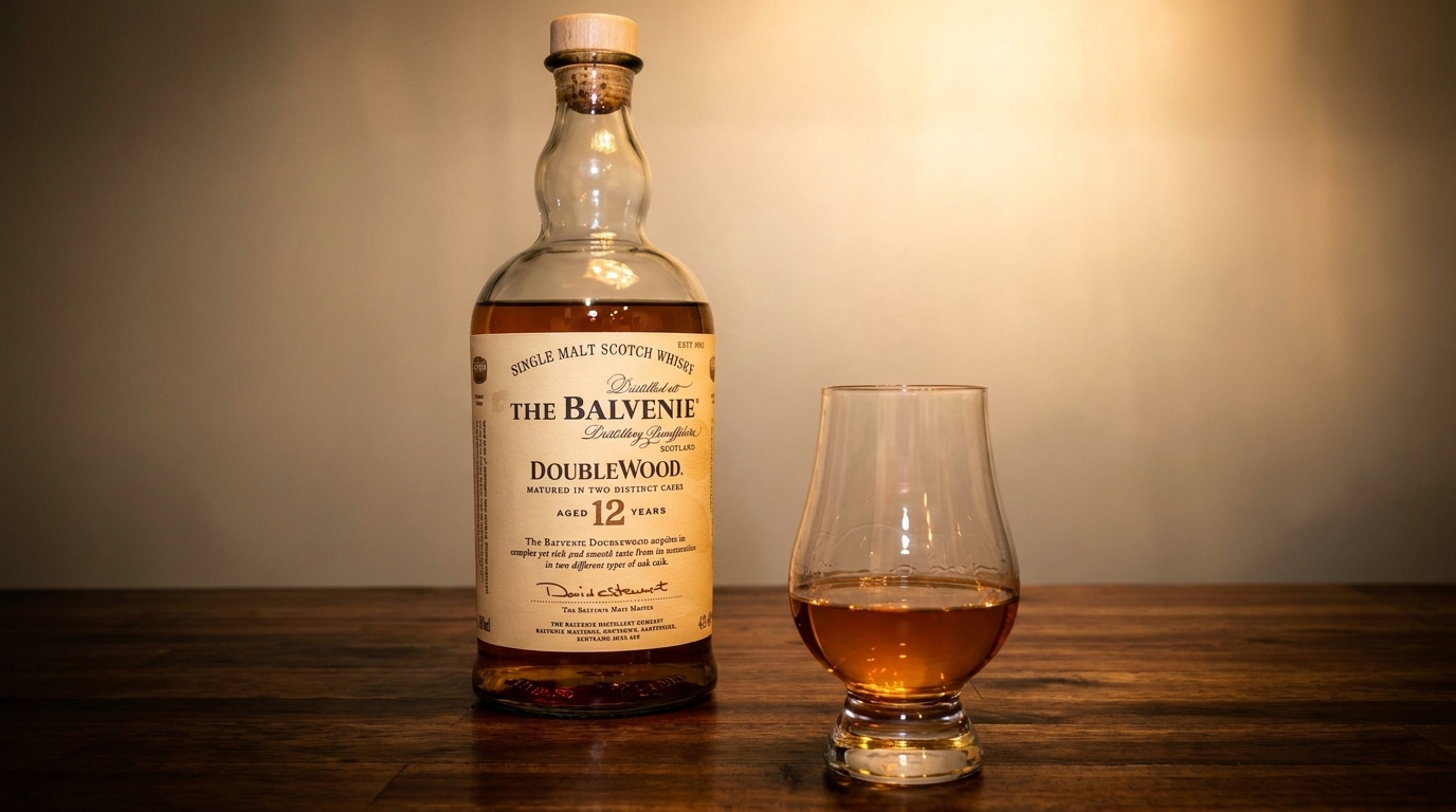 A bottle of Balvenie DoubleWood 12-year-old Scotch whisky next to a glass with amber liquid.