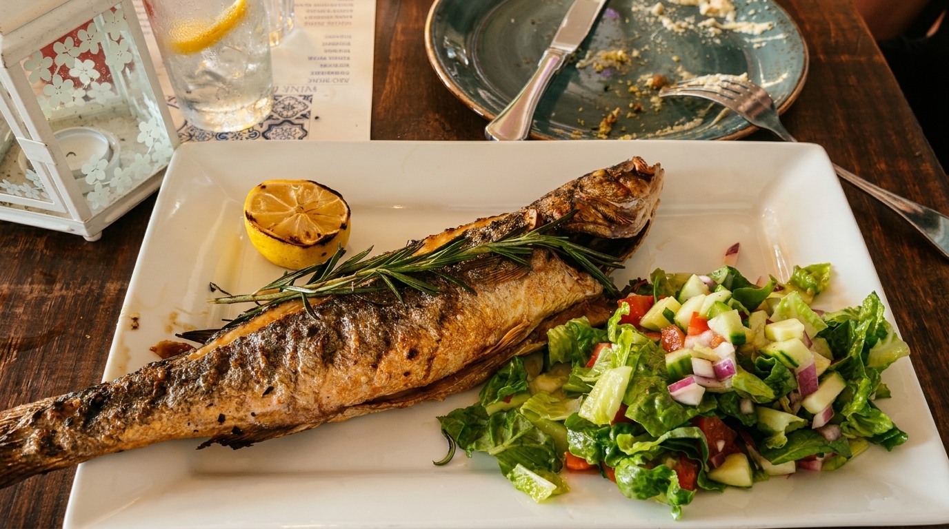 Grilled whole fish with rosemary, a lemon half, and a side salad on a white plate.