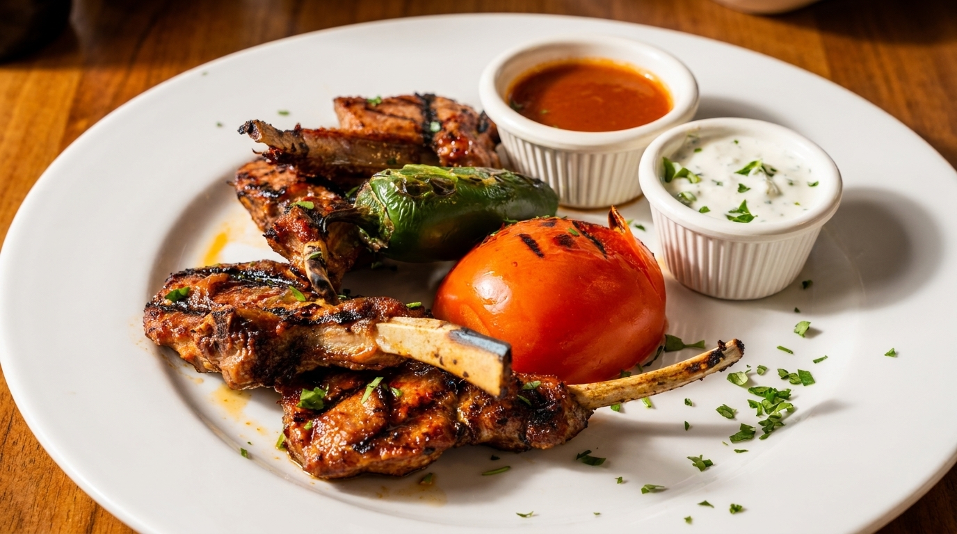 Grilled lamb chops with roasted tomato, jalapeño, and two dipping sauces on a white plate.