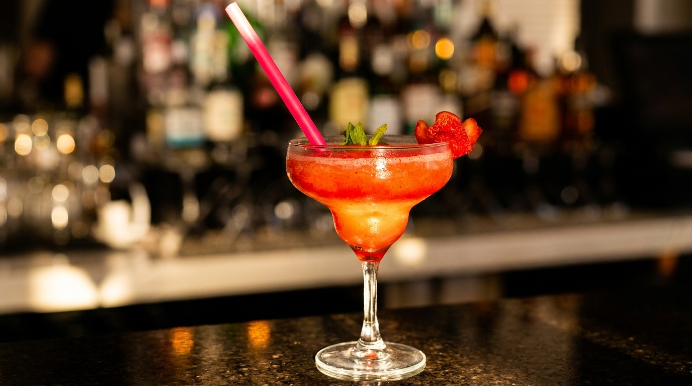 A strawberry margarita with a pink straw and mint garnish sits on a dark bar counter.