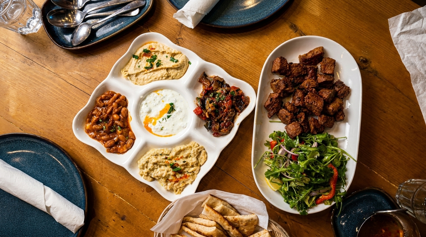 Overhead view of a wooden table laden with a mezze platter, meat, salad, and pita bread.