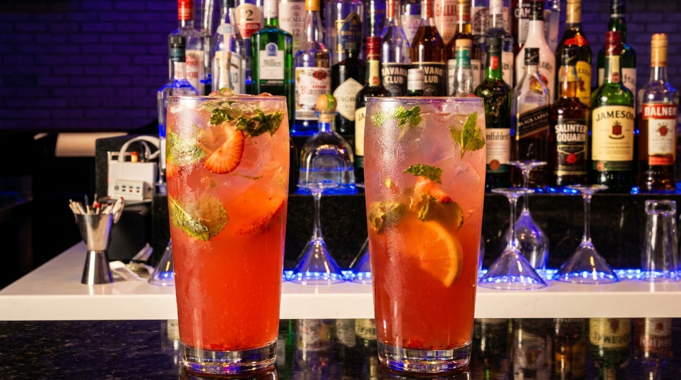 Two strawberry mojitos with mint and lime on a bar counter with liquor bottles in the background.