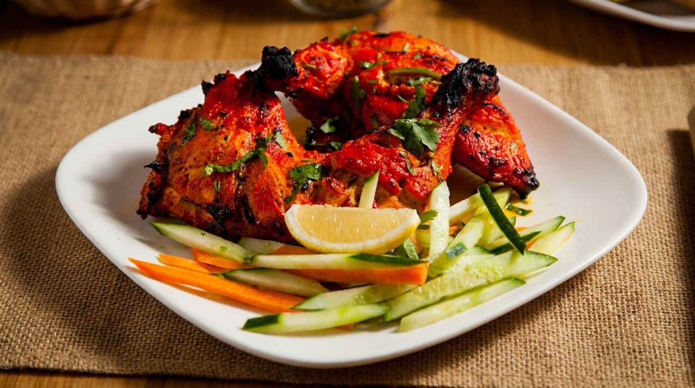 Spicy tandoori chicken with cilantro, lemon, and julienned cucumbers and carrots on a white plate.