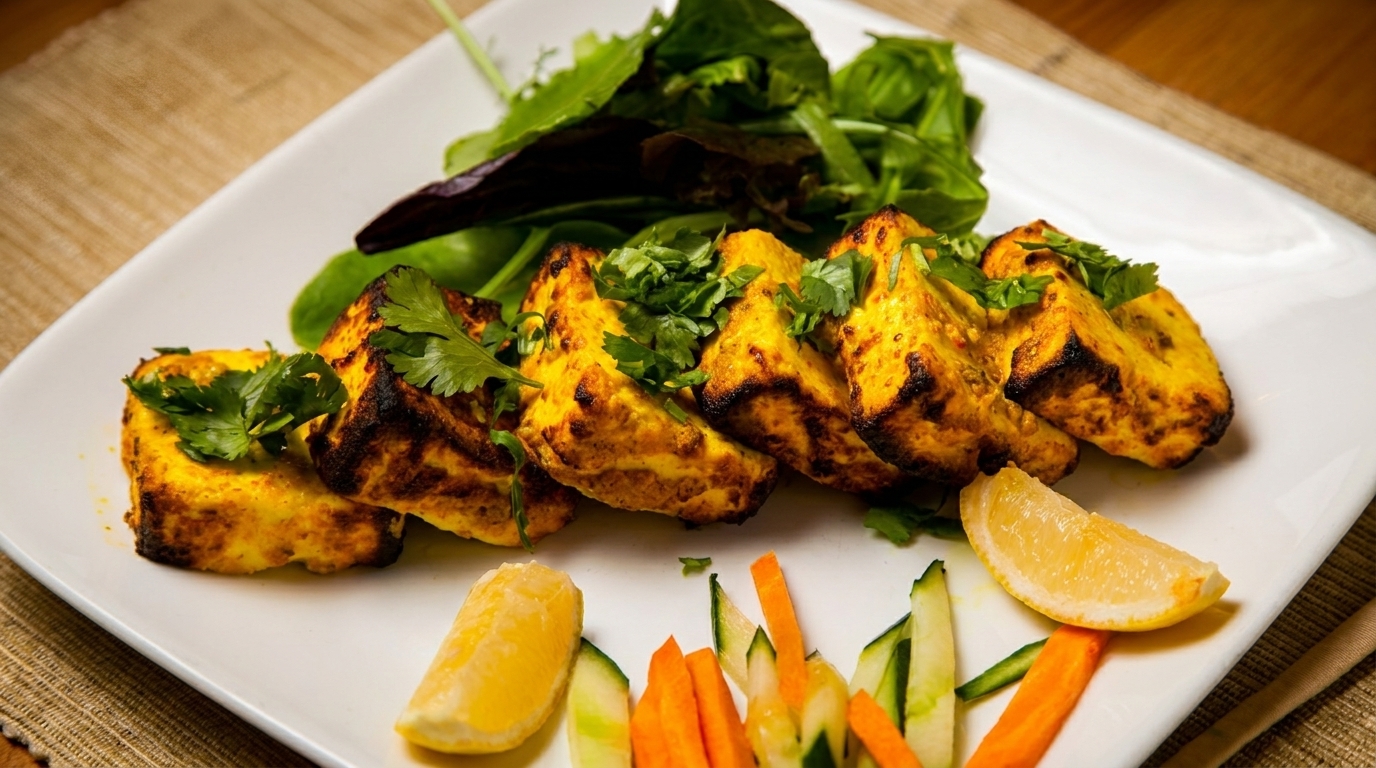 Grilled paneer cheese cubes with cilantro, a side salad, lemon, carrots, and cucumbers.
