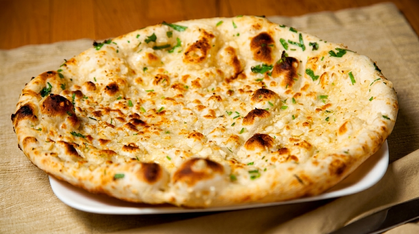 Golden-brown naan bread, topped with garlic and green herbs, rests on a white plate.