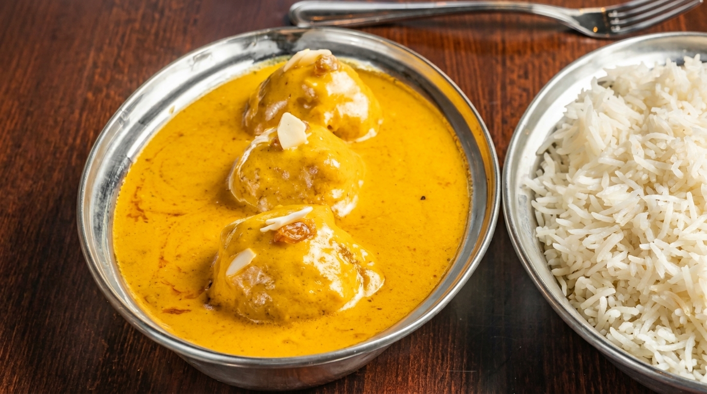 Three malai kofta balls in a rich yellow curry sauce, served with a side of white rice.