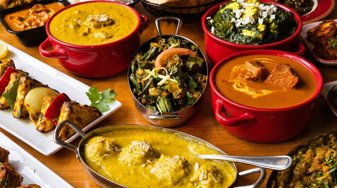 A vibrant spread of Indian dishes, including paneer skewers, curries, and vegetable preparations, on a wooden table.