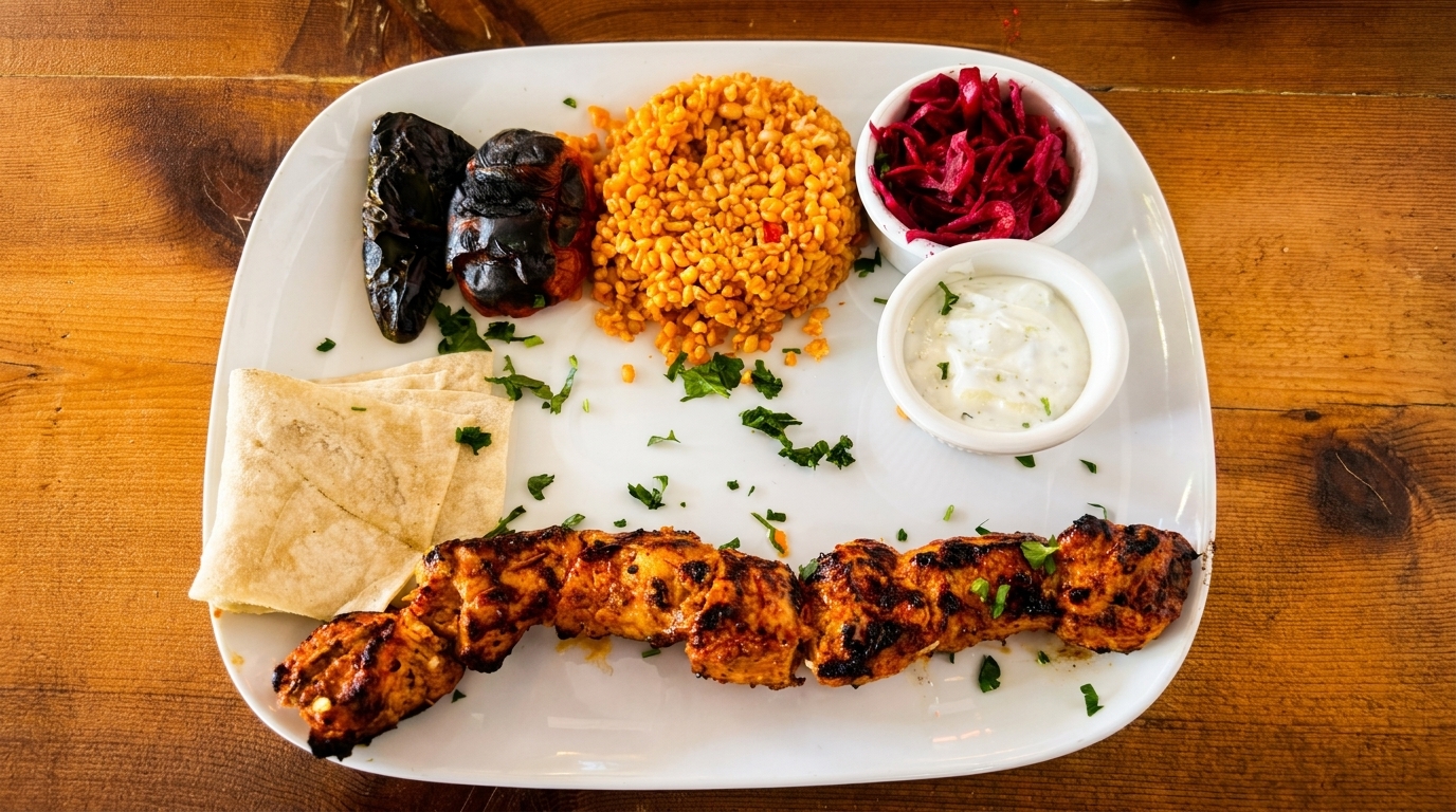 A white plate with chicken shish kebab, bulgur, grilled vegetables, flatbread, and dips on a wooden table.
