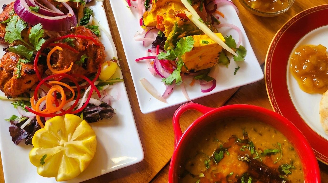 Plates of Indian food, including chicken tikka, paneer, dal, and mango chutney on a wooden table.
