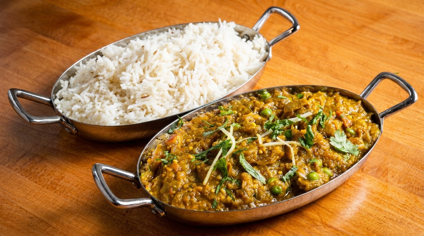 Two metal bowls on a wooden table, one with white rice, the other with green curry.
