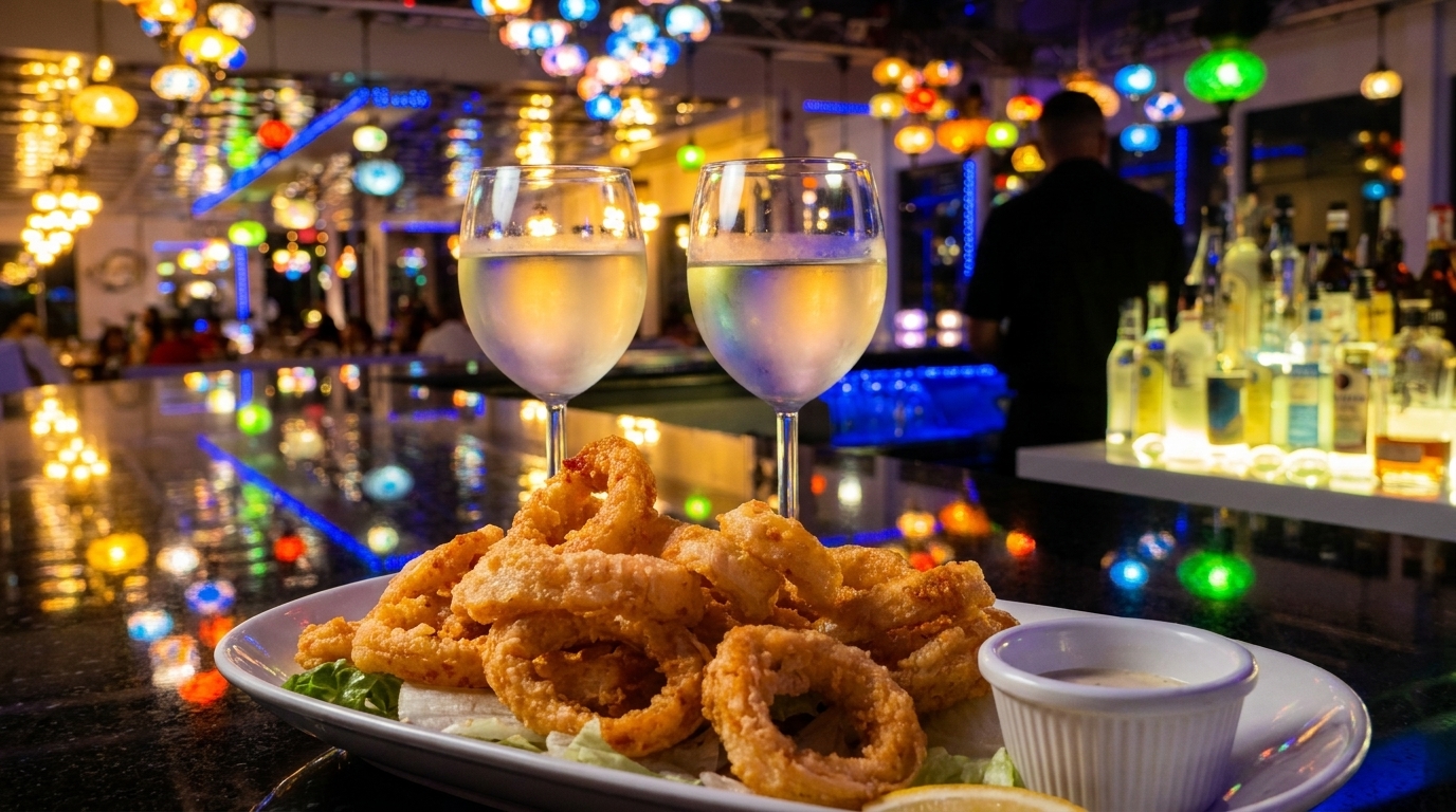 Fried calamari and two glasses of white wine on a bar with colorful lights.