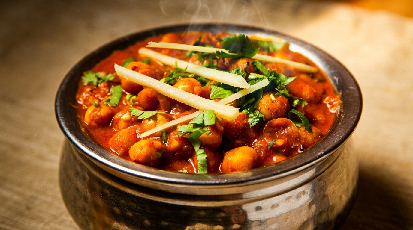 Steaming bowl of chana masala, garnished with fresh cilantro and ginger strips.
